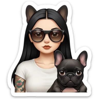 girl with long black  straight hair and tattoos and Wearing sunglasses and a black French bulldog sticker