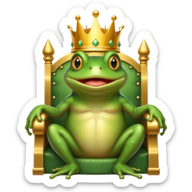A frog wearing a crown, confidently sitting on a golden throne, portrait, bust up sticker