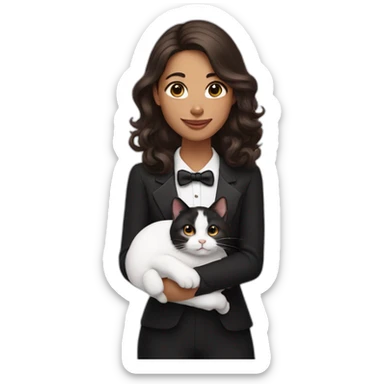 A woman holding a tuxedo cat. The cat is black and white. The woman has long wavy brown hair and brown eyes sticker