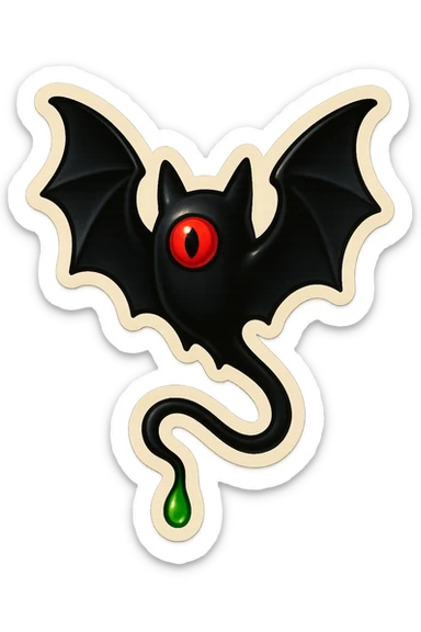 an all black bat-like creature. One cyclopian red eye in its face. no visible mouth or ears. has a long tale with a stinger that drips green poison sticker