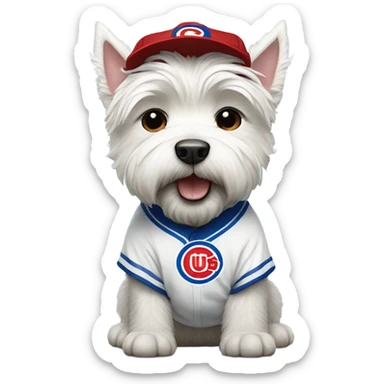 West highland terrier wearing a Cub’s jersey sticker