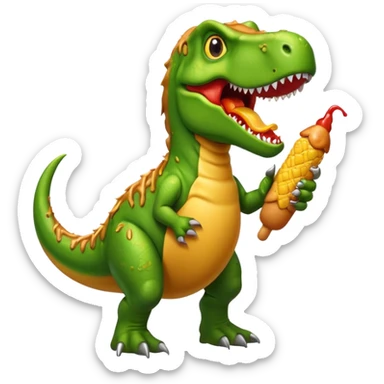 Green T-Rex holding a corn dog with ketchup  sticker