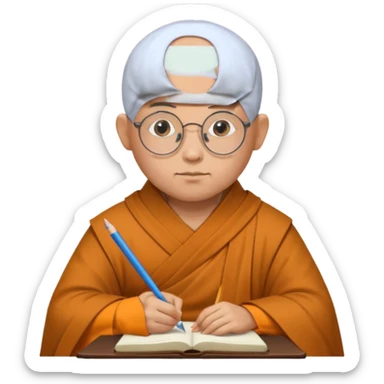 A bald scholar monk with round glasses, writing notes with quiet concentration.
 sticker
