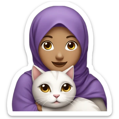 Hijab girl light brown skin purple hijab smiling hugging her cute grey and white cat  sticker