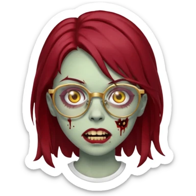 A zombie girl with dark red mid length  hair with golden grills and glasses sticker
