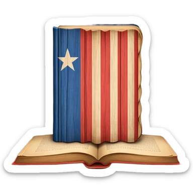 Ancient book with Puerto Rican flag subtly integrated on cover, carved wooden theater curtains symbol, warm vintage textures, soft glow representing timelessness and theatrical design heritage sticker