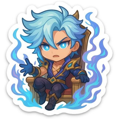 Soul Fighter Viego chibi emoji on a throne, surrounded by swirling Soul Fighter energy, cute proportions, dramatic pose, glowing blue and purple effects sticker