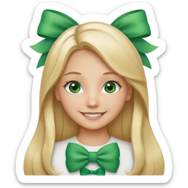 blonde girl long hair middle part, green eyes,at with a bow with text saying "engoy" sticker