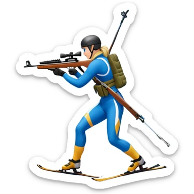 An icon featuring snow-covered trees, distant mountains, and a clear blue sky with a biathlete in motion, holding a rifle and skiing across a snowy course. Transparent background highlights the precision, endurance, and excitement of biathlon. sticker