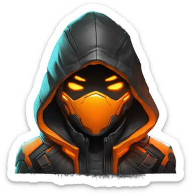  developer behind his laptop with this style : crysis Cyberpunk Valorant orange glowing bright orange character orange black hooded assassin themed character sticker
