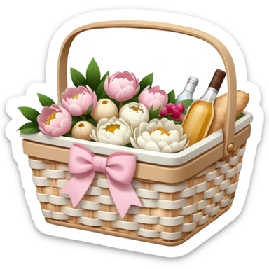 White Picnic basket with light pink bow and white peonies inside sticker