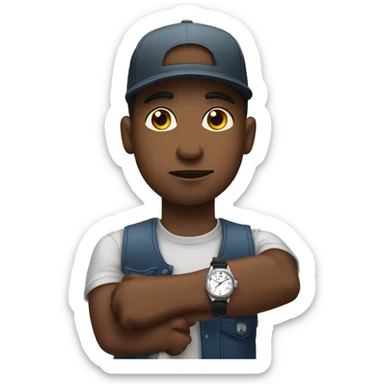 Young Black man with backwards fitted cap on rolling eyes holding wrist up checking watch sticker