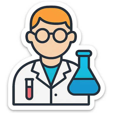 A researcher in a white coat sticker