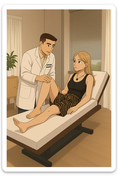 fai un webtoon/manga a colori con questo kinesiologo in camice bianco (fagli la scritta "ANTONIO ANANIA" SUL CAMICE) CHE SVOLGE UN TEST NEUROMUSCOLARE SOLLEVANDO UNA GAMBA ALLA RAGAZZA CHE è STESA SU UN LETTINO BIANCO. STANZA SEMPLICE E MODERNA, DURANTE IL TEST I DUE DIALOGANO TRA LORO. NON FARE I FUMETTI, FAI SOLO LORO COME SE DIALOGASSERO sticker