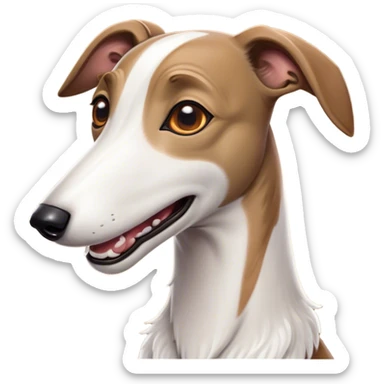 Cinematic Comical White and Brown Greyhound Portrait Emoji, Head tilted dramatically with an exaggeratedly amused expression, featuring a striking white Fur with dynamic brown accents, wide, expressive eyes filled with playful disbelief, Simplified yet hilariously expressive features, highly detailed, glowing with a slightly sassy glow, high shine, dramatic yet playful, stylized with an air of cheeky mischief, bright and endearing, soft glowing outline, capturing the essence of a spirited and over-the-top racer, so meme-worthy it feels like it could side-eye its way into internet fame instantly! sticker