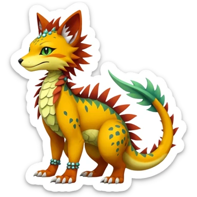 Kawaii cute reddish orangish yellowish greenish exotic tribal beautiful pretty elegant divine edgy feline-vernid-sergal-Fakémon-Pokémon-Digimon-fursona-animal-creature with accessories, jewelries, full body, with intricate detailed markings, furs, fins, scales, spiny sticker