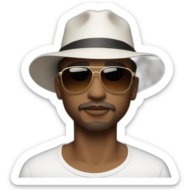 The french singer Lorenzo with this style : medium long brown hair white and short bucket hat and sunglasses sticker