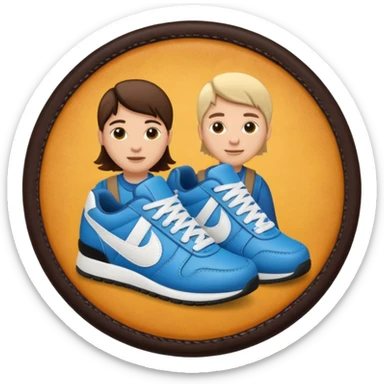 circular achievement style badge featuring two people working together making a sneaker sticker