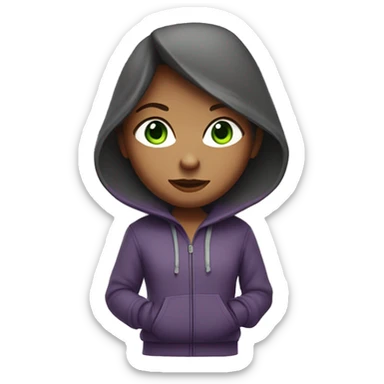 girl with shoulder length hair in a dark purple-red colour with green eyes wearing a grey hoodie  sticker