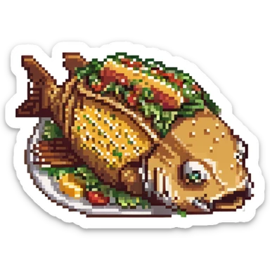 a cyborg robotic carp who's body is made from a filled crunchy taco, with lettuce salsa meat and cheese. he is fish taco bot man sticker