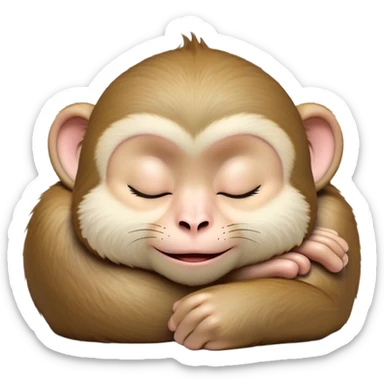 Meme-Worthy cute Sleeping Macaque Portrait Emoji, Head resting peacefully with a contented smile, showcasing soft, downy fur and eyes gently closed in serene slumber, Simplified yet comically adorable features, highly detailed, glowing with a soft, drowsy glow, high shine, relaxed and utterly lovable, stylized with an air of playful laziness, bright and heartwarming, soft glowing outline, capturing the essence of a sleeping macaque that feels destined to become the next viral icon of adorable rest! sticker