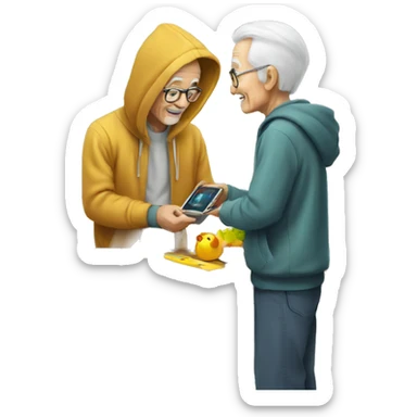 Young man with hoodie helping old man to learn how to use artificial intelligence  sticker