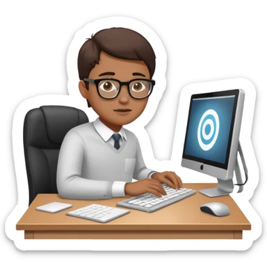 create an isometric of someone busy working on a computer, the screen should show a portal and in office environment sticker