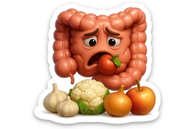 EMOJI STILE IPHONE DI UN INTESTINO UMANO IN CRISI PERCHé STA MALE, IN BOCCA HA UNA MELA E DAVANTI A LUI C'è UNA MONTAGNA DI aglio, cipolle, cavolfiore e mele, IPERREALISTICO 4K sticker