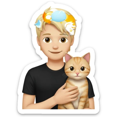 sexy boy with blond rozcuchanými hair and black t-shirt with cat  sticker