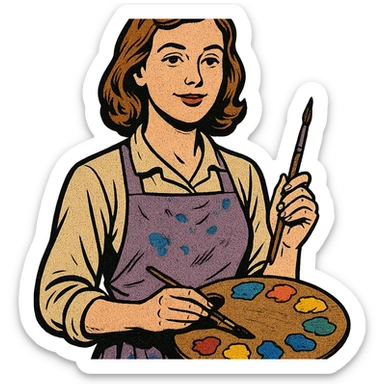 Serene female oil painter, Caucasian features, shoulder-length auburn hair, soft brown eyes, gentle smile, wearing a violet painter’s apron lightly stained with paint over a beige blouse, holding a wooden palette with vibrant colors in one hand and a brush in the other, waist-up, front-facing sticker