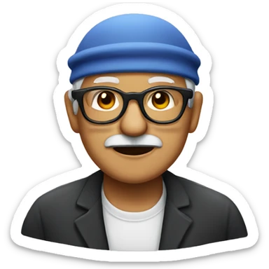 Old man with black eyeglasses and skullcap sticker