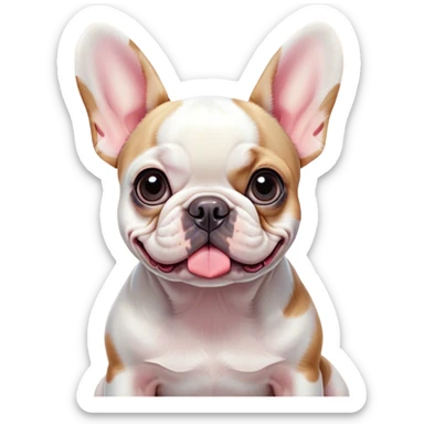 Cinematic Cute Pied French Bulldog Portrait Emoji, Head tilted with a sweet, mischievous grin and large, inviting eyes, featuring a unique pied fur of contrasting colors, simplified yet irresistibly endearing, highly detailed, glowing with a warm, playful radiance, high shine, exuding a quirky charm and affectionate personality, styled with a soft, lighthearted outline, capturing the essence of a cute Pied French Bulldog that looks ready to charm its way into your heart! sticker