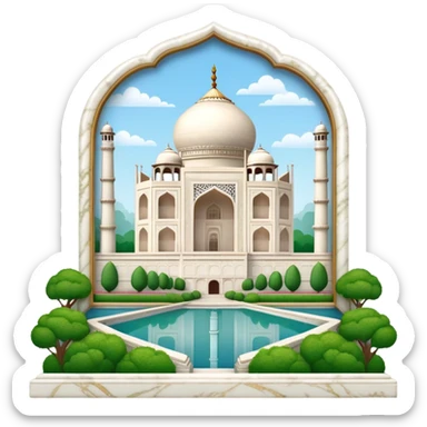 Cinematic Realistic Taj Mahal Landmark Emoji, depicted as the iconic marble mausoleum set amidst lush gardens rendered with intricate detail and ethereal, soft lighting. sticker