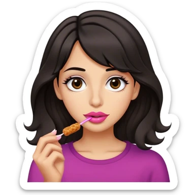 make a slightly tan girl with wavy black hair medium length. Medium small pink lips, dark brown eyes with long eyelashes. and a thin straight down long nose. Make her eating takis sticker
