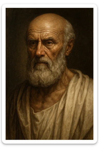 realistic, vertical portrait of Hippocrates, ancient Greek physician, with a wise and serious expression, dramatic light, 2:3 aspect ratio sticker