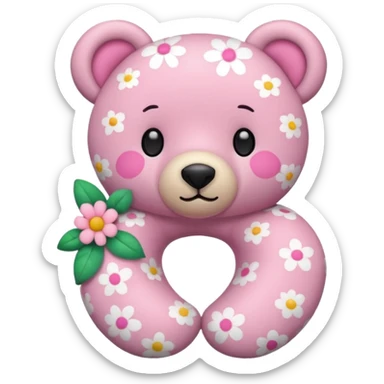 pink teddy bear wearing a flower-patterned neck pillow, iPhone emoji style, cute and simple sticker