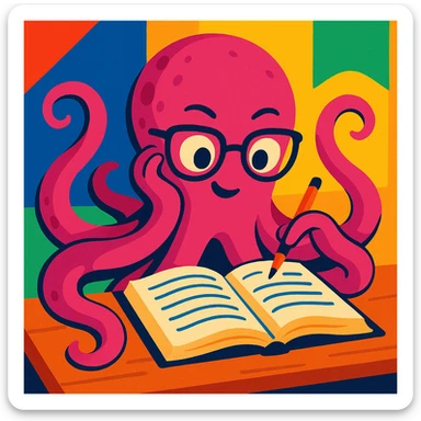 female octopus studying, vibrant and expressive sticker