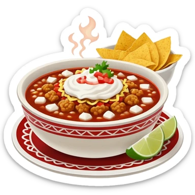 a hot bowl of pozole with a side of tostada with sour cream and red salsa sticker