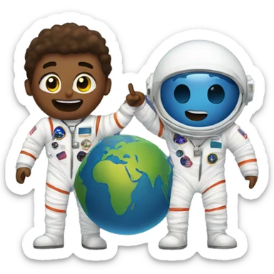 earth with astronaut looking at it and another astronaut behind him pointing at him behind his back sticker
