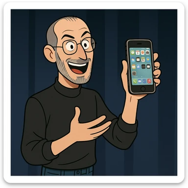 Steve Jobs, presenting on stage, holding iPhone, energetic expression sticker