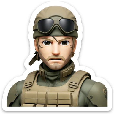 Cinematic Realistic Metal Gear Solid Snake Soldier Portrait, head tilted dramatically with an exaggeratedly amused expression, blending stealthy seriousness with a touch of unexpected humor. His rugged features, set against intricately detailed tactical gear in muted earth tones, are rendered with lifelike texture and dynamic lighting, high shine, dramatic yet whimsical, capturing the essence of a soldier whose epic covert skills are matched by a playful, irreverent spark. sticker