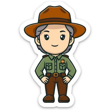 white woman park ranger with brown and gray hair sticker