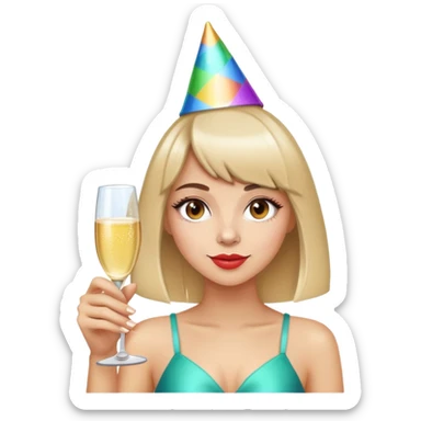 Birthday girl partying with drinks and lights and has brow banged hair sticker