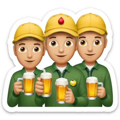 16 men on a golf trip wearing yellow golf caps all holding a beer can with a Xmas style label sticker