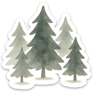 simple evergreen trees in folk art style, dark neutral forest color tones, watercolor texture with outlines, suitable for favicon sticker