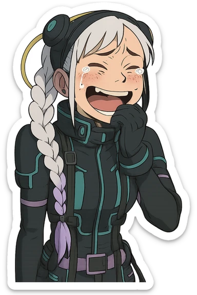 1 female, white braid with lavender tips. Cybergoth futurepunk, crying from laughter, “wheeze emoji” facial expression  sticker