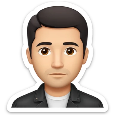 Slightly older attractive broad-shouldered Hispanic TV presenter, light brown complexion, square face with defined jawline, short black hair with clear fade haircut, light scruff facial hair, friendly expression, unbuttoned black jacket with white shirt sticker