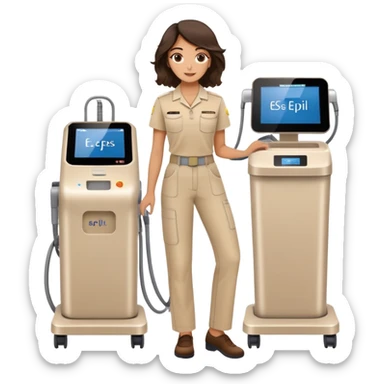 Девушка с короткими темными волнистыми волосами, карими глазами, в бежевой униформе рубашка и брюки мастера по эпиляции стоит рядом с аппаратом лазерной эпиляции. На аппарате надпись «es_epil» sticker