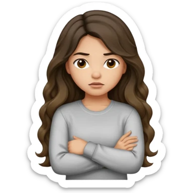 Hispanic light tan girl with long dark wavy hair with arms folded while pouting. Wearing a long sleeve. Hair with middle part. sticker
