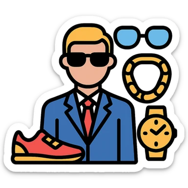 A stylish leader standing among luxury items: designer shoes, glasses, gold chains, and watches, clean minimal vector style sticker